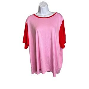 Lands End Women's Pink Red Colorblock Cotton Short Sleeve Top Size 3X Coastal